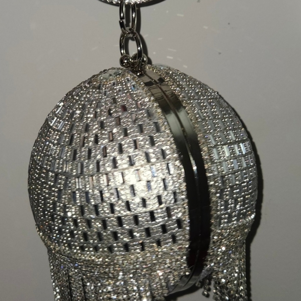 NWT Natasha Couture Silver Glass Crystal Orb Clutch - Picture 7 of 8